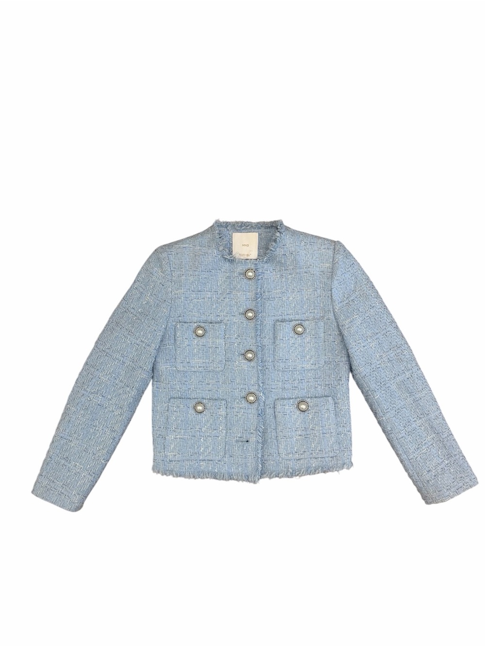 MNG Light Blue Tweed Cropped Blazer Jacket